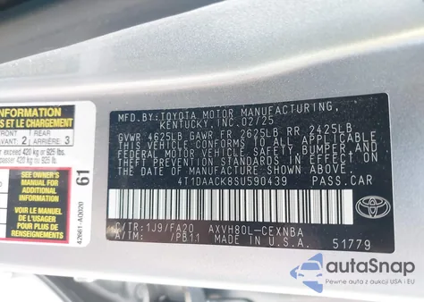 2025 Toyota Camry Le from USA, damaged, VIN 4T1DAACK8SU590439